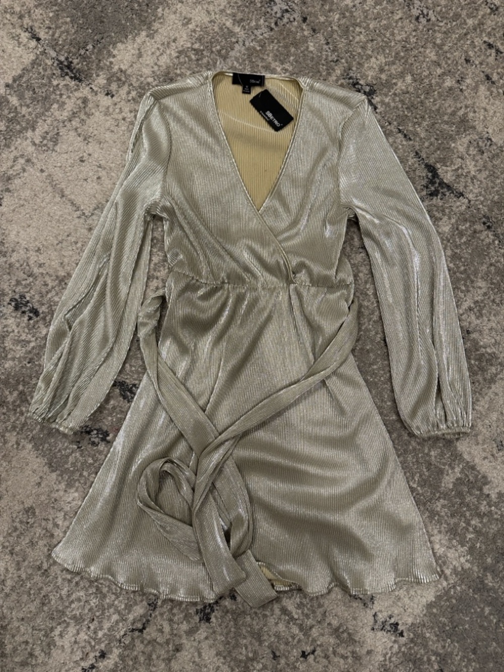Metallic Silver Wrap Long-Sleeve Mini Dress